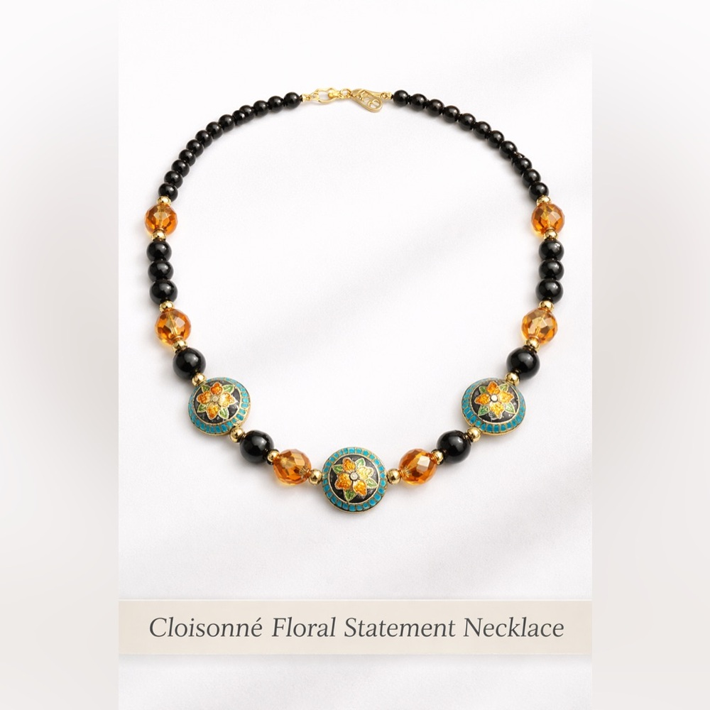 Cloisonné Floral Statement Necklace Vintage Collectible